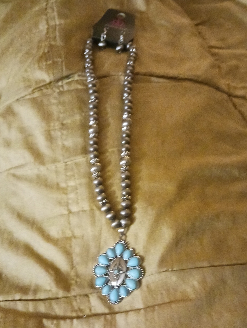 Silver Bead Necklace with Turquoise-Blue Floral Pendant